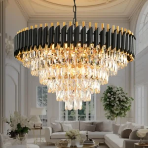 Gold 6-Tier Modern Crystal Chandelier, Large Round Black Fixture for Dining & Living Room