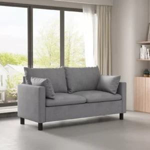 2-Seater Linen Fabric Sofa – Loveseat Couch with Armrests and Wooden Legs for Living Room, Bedroom, or Office