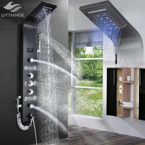 Luxury LED Rainfall Shower Panel System, Black/Brushed Finish Bathroom Faucet with Massage Jets, Bathtub Mixer, and Temperature Screen