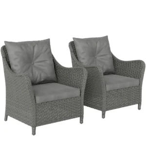 Set of 2 Rattan Garden Chairs with Cushions, Armrests, and High Back – Outdoor Patio Chairs for Porch or Garden, Dark Grey