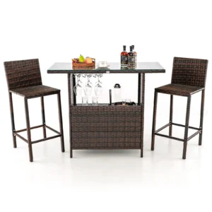 3-Piece Patio Wicker Bar Set, Rattan Bar-Height Table with Hidden Storage Shelf and Two Stools – Outdoor Garden Furniture