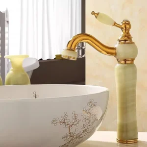 Tuqiu Brass Gold Jade Faucet – Tall Bathroom Basin Mixer Tap