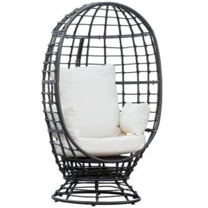 Swivel Rattan Egg Chair with Cushion and Pillow – Outdoor Hanging-Style Lounge Chair for Balcony, Garden, or Patio, Black