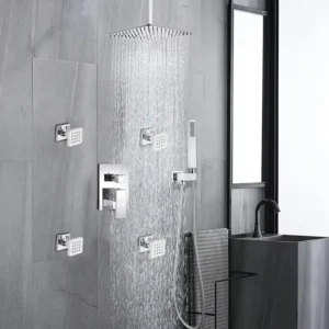 Wall-Mounted Luxury Brass Shower Set, Rainfall Mixer Faucet Kit with Ceiling Rain Shower Head