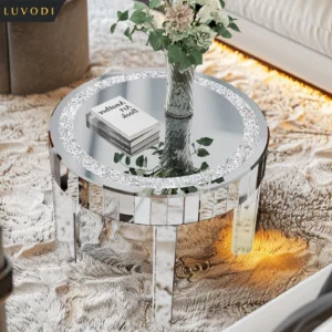 LUVODI Luxury Mirrored Accent Table – Round Modern Bedside Table with Sparkling Crystal Inlay