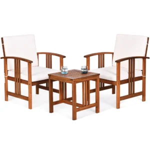 3-Piece Outdoor Acacia Wood Sofa Set with White Cushions