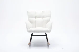 Mid Century Modern Flax Fabric Tufted Upholstered Rocking Chair, Padded Seat, Ivory