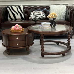 French Retro Round Red Oak Solid Wood Coffee Table