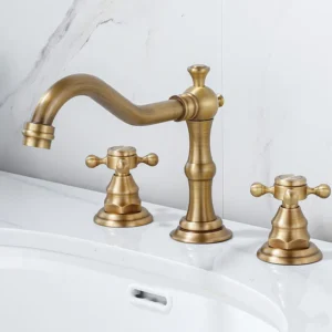 Tuqiu Antique Brass Bathroom Faucet – Gold 3-Hole Basin Mixer Tap with Double Handles for Hot & Cold Water
