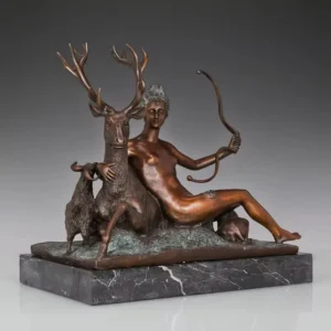 Bronze Artemis Statue – Greek Hunting Goddess Diana with Deer, Hot Cast Brass Home Décor Piece
