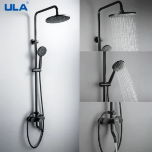 ULA Black Rainfall Shower System, Bathroom Mixer Faucet Set with Bathtub Tap and Rain Shower Head