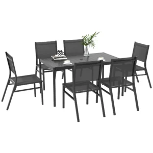 ChatGPT said:  7-Piece Garden Dining Set, 6-Seater Outdoor Table and Chairs with Parasol Hole, Aluminium Top Table and Texteline Chairs