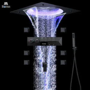 M Boenn Black Thermostatic Shower System, LED Waterfall Shower Head with Music and Large Flow Mixer Faucet
