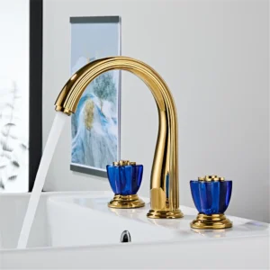Gold Blue Crystal Faucet – 3-Hole Brass Bathroom Sink Mixer Tap