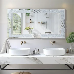 LUVODI Large Crush Diamond Full Body Wall Mirror Artistic Silver Bathroom Vanity Mirror