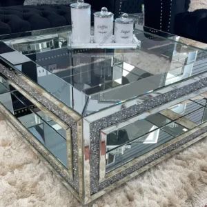 Luxury Square Mirrored Coffee Table – Transparent Hollow Design with Crushed Diamond Inlay for Modern Living Room Décor