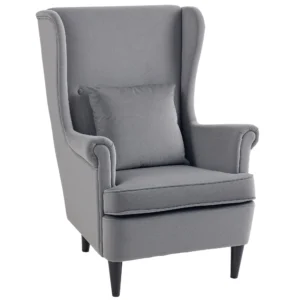 Dark Grey Velvet Wingback Chair – Elegant Accent Chair with Cushion & Wooden Legs