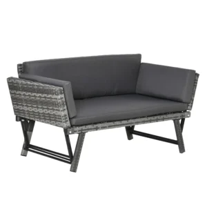 2-Seater Mixed Grey Rattan Sofa with Cushions, Adjustable Armrests – Outdoor Chaise Lounger, Garden Patio Daybed Loveseat