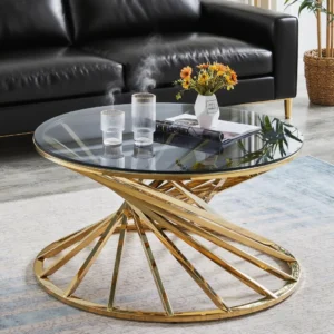 Round Side Table – Small Stainless Steel Coffee Table with Tempered Glass Top for Living Room Décor