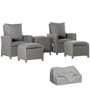 5-Piece Outdoor PE Rattan Garden Furniture Set with Cushions, Patio Lounge Chairs with Adjustable Backrests, Grey